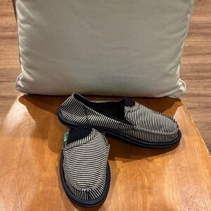 Sanuk Striped Canvas Slip-Ons in Navy and White